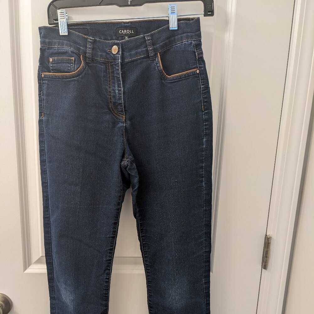 Caroll Paris Denim Dark Blue Jeans, Brown trim pockets, Size 36
